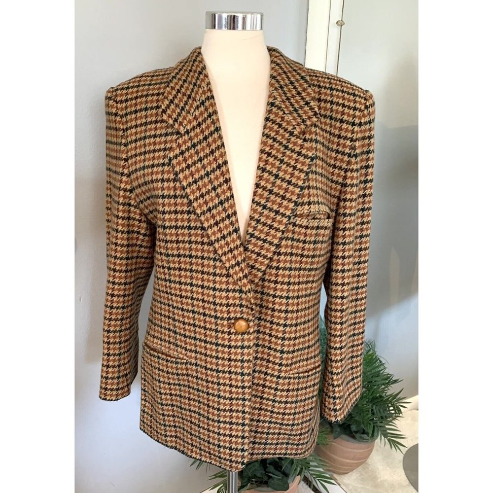 Women’s Wool & Cashmere Houndstooth Plaid blazer size 14 Warm Fall Colors - Picture 10 of 12